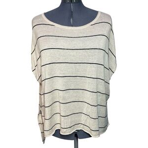 Eileen Fisher Organic Linen Bateau Neck Boxy Hi Low Striped Sweater Top Large L